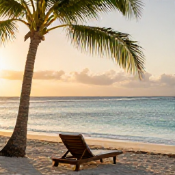 Caribbean Holidays, Caribbean Wellness, A peaceful Caribbean beach at sunrise in December, calm turquoise water, soft golden light, palm trees and a comfortable sun lounger