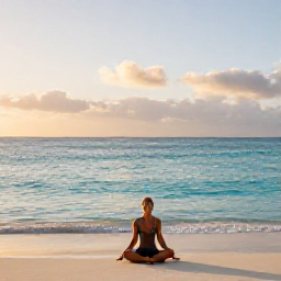 Caribbean Holidays, Caribbean Wellness, A peaceful Caribbean beach at sunrise with calm turquoise water, soft sand and a traveller practising gentle yoga