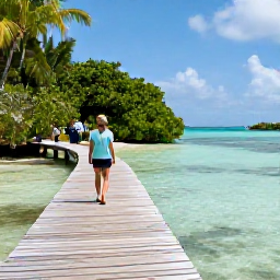 Caribbean Holidays, Caribbean Wellness, A quiet tropical Caribbean cove with clear water, a wooden boardwalk and a visitor taking a mindful nature walk