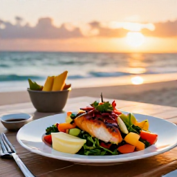 Caribbean Holidays, Caribbean Wellness, A relaxed Caribbean beach restaurant at sunset with a healthy colourful meal, fresh fruit, grilled fish and ocean views