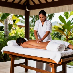 Caribbean Holidays, Caribbean Wellness, A stylish Caribbean resort spa with natural wood, white towels, tropical plants and a therapist preparing a relaxing massage