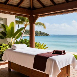 Caribbean Holidays, Caribbean Wellness, A stylish open-air Caribbean spa overlooking the sea, with treatment beds, tropical plants and natural wooden details