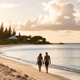 Caribbean Holidays, Caribbean Wellness, Couple walking along a secluded Caribbean beach at golden hour with calm sea and relaxed island scenery