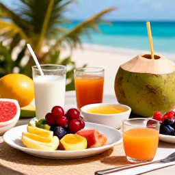 Caribbean Holidays, Caribbean Wellness, Healthy Caribbean breakfast with fresh tropical fruit, coconut water and colourful local ingredients on a shaded terrace