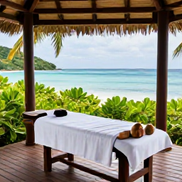 Caribbean Holidays, Caribbean Wellness, Open-air Caribbean spa treatment beside the sea with natural wood, tropical greenery and a peaceful atmosphere