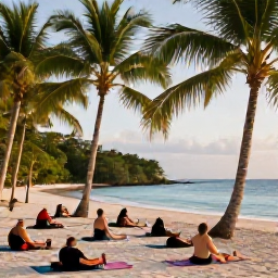 Caribbean Holidays, Caribbean Wellness, Outdoor yoga class on a Caribbean beach surrounded by palm trees, calm sea and tropical greenery in warm morning light