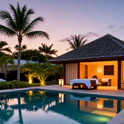 Caribbean Holidays, Caribbean Wellness, Peaceful Caribbean spa resort at sunset with warm pool, tropical gardens and softly lit treatment rooms