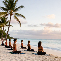 Caribbean Holidays, Caribbean Wellness, People practising gentle morning yoga on a Caribbean beach, palm trees, calm sea and soft early sunlight