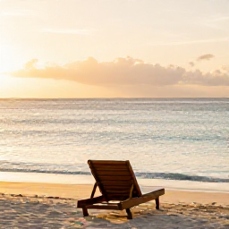 Caribbean Holidays, Caribbean Wellness, Quiet Caribbean beach at sunrise in October, soft golden light, calm turquoise sea and a comfortable empty sun lounger