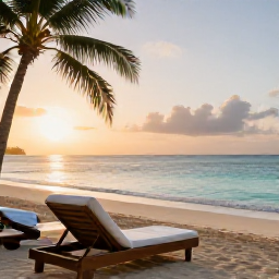 Caribbean Holidays, Caribbean Wellness, Quiet Caribbean beach at sunrise with a comfortable sun lounger, calm turquoise sea and palm trees