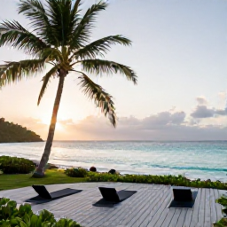 Caribbean Holidays, Caribbean Wellness Resorts, A peaceful Caribbean beachfront wellness resort at sunrise, with palm trees, calm turquoise sea and a quiet yoga deck