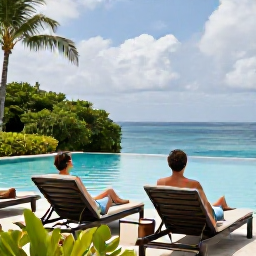 Caribbean Holidays, Caribbean Wellness Resorts, Couple relaxing in comfortable loungers beside an infinity pool at a Caribbean resort, with lush greenery and a peaceful ocean view