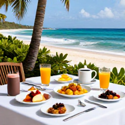Caribbean Holidays, Caribbean Wellness Resorts, Fresh Caribbean wellness breakfast with tropical fruit, natural juice and healthy dishes on a shaded terrace overlooking the sea
