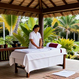 Caribbean Holidays, Caribbean Wellness Resorts, Open-air Caribbean spa treatment pavilion surrounded by tropical gardens, with a therapist preparing a tranquil massage room
