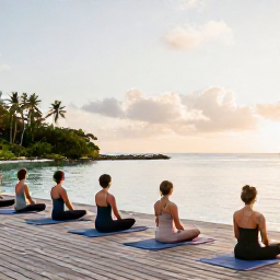 Caribbean Holidays, Caribbean Wellness Resorts, Small group practising yoga on a wooden deck overlooking a calm Caribbean bay in soft morning light