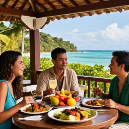Caribbean Holidays, Caribbean Wellness, Travellers enjoying a healthy Caribbean meal on a shaded terrace, with colourful fresh fruit, grilled fish and tropical scenery