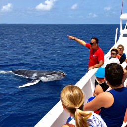 Caribbean Holidays, Caribbean Whale Watching, A friendly marine guide pointing towards a whale while passengers watch from the deck of a comfortable catamaran