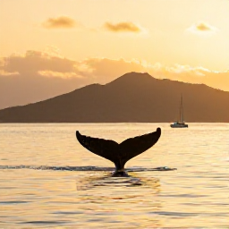 Caribbean Holidays, Caribbean Whale Watching, A golden sunset over calm Caribbean water, a whale tail disappearing beneath the surface near a small boat and island mountains in the background