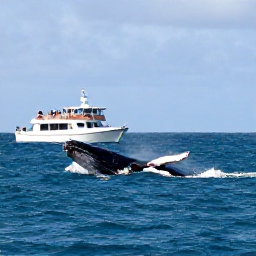 Caribbean Holidays, Caribbean Whale Watching, A humpback whale surfacing at a respectful distance from an eco-friendly boat, with passengers quietly observing in a natural marine setting