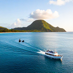 Caribbean Holidays, Caribbean Whale Watching, A small passenger boat cruising across clear Caribbean water at sunrise, with a whale surfacing in the distance and green island hills on the horizon