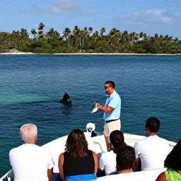 Caribbean Holidays, Caribbean Whale Watching, Friendly marine guide explaining whale-watching rules to visitors on a comfortable boat, with calm sea and tropical coastline behind them