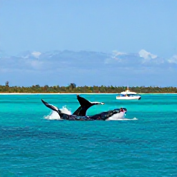 Caribbean Holidays, Caribbean Whale Watching, Humpback whales breaching beside a small boat in clear Caribbean waters, with a tropical island coastline in the background
