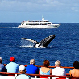 Caribbean Holidays, Caribbean Whale Watching, Humpback whales breaching beside a well-managed sightseeing boat in deep blue Caribbean water, passengers watching quietly from the deck