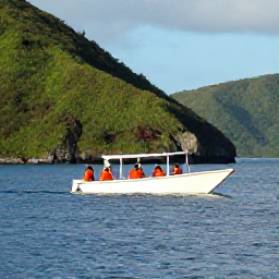 Caribbean Holidays, Caribbean Whale Watching, Passengers in waterproof jackets enjoying a calm morning whale watching excursion, with green Caribbean hills and blue sea surrounding them