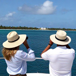 Caribbean Holidays, Caribbean Whale Watching, Travellers in sun hats and light clothing enjoying a calm whale-watching excursion, with binoculars, tropical sea and a distant island landscape