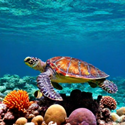 Caribbean Holidays, Caribbean Wildlife, Colourful Caribbean reef fish and sea turtles swimming above a bright coral reef in clear turquoise water