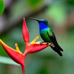 Caribbean Holidays, Caribbean Wildlife, Colourful hummingbird perched on a tropical flower in a lush Caribbean rainforest