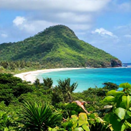 Caribbean Holidays, Caribbean Wildlife, Green Caribbean hillside overlooking a quiet beach, with a wild goat and tropical forest in the foreground