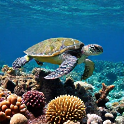 Caribbean Holidays, Caribbean Wildlife, Green sea turtle swimming above a colourful Caribbean coral reef in clear turquoise water
