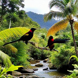 Caribbean Holidays, Caribbean Wildlife, Lush Caribbean rainforest with bright tropical birds, palm trees and a clear mountain stream
