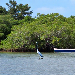Caribbean Holidays, Caribbean Wildlife, Quiet Caribbean wetland with mangrove trees, a blue heron and a small boat gliding through calm water
