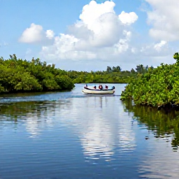 Caribbean Holidays, Caribbean Wildlife Reserves, A Caribbean wetland wildlife reserve with calm water, mangroves, wading birds and a small boat carrying visitors