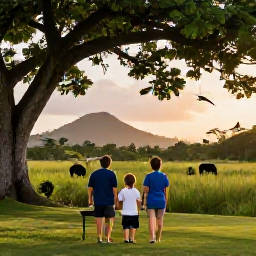 Caribbean Holidays, Caribbean Wildlife Reserves, Happy family enjoying a Caribbean wildlife reserve at sunset, with tropical scenery, distant hills and native birds in the trees