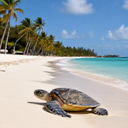 Caribbean Holidays, Caribbean Wildlife, Sea turtle resting near a sandy Caribbean beach with calm blue water and palm trees