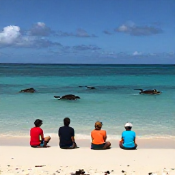 Caribbean Holidays, Caribbean Wildlife Tours, A Caribbean coastline with a guided turtle-watching excursion, clear turquoise water, sandy beach and visitors observing quietly from a respectful distance