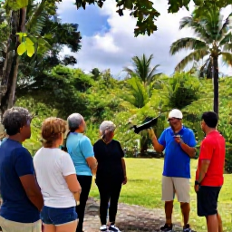 Caribbean Holidays, Caribbean Wildlife Tours, A friendly local guide speaking to travellers beside a Caribbean nature reserve, with tropical vegetation and a bright island sky