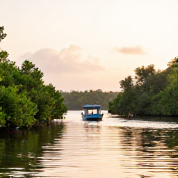 Caribbean Holidays, Caribbean Wildlife Tours, A small boat travelling through Caribbean mangroves at sunrise, with calm water, green foliage and wading birds along the banks