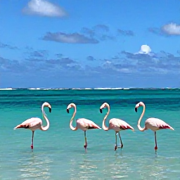 Caribbean Holidays, Caribbean Wildlife, Wild Caribbean flamingos standing in shallow turquoise lagoon water beneath a bright blue sky
