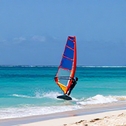 Caribbean Holidays, Caribbean Windsurfing, A windsurfer carving across clear turquoise Caribbean water beside a bright sandy beach, sunny island atmosphere