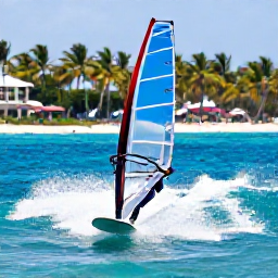 Caribbean Holidays, Caribbean Windsurfing, Experienced windsurfer jumping over a small wave with palm-fringed Caribbean coastline in the background