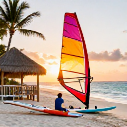 Caribbean Holidays, Caribbean Windsurfing, Windsurfers relaxing beside their boards at a Caribbean beach caf&eacute; at sunset, colourful sails and palm trees nearby