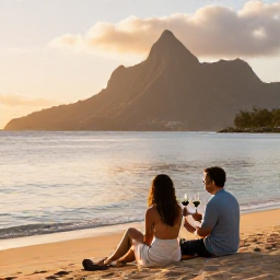 Caribbean Holidays, Caribbean Wine Tasting, A couple enjoying wine on a peaceful Caribbean beach on Nevis at sunset, with mountains, calm water and a relaxed holiday atmosphere