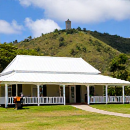 Caribbean Holidays, Caribbean Wine Tasting, A historic sugar plantation estate in Saint Kitts surrounded by green hills, with visitors enjoying wine on a shaded terrace
