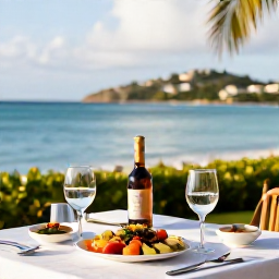 Caribbean Holidays, Caribbean Wine Tasting, A relaxed wine tasting table overlooking the Caribbean Sea on Saint Kitts, with colourful local food, elegant glasses and tropical afternoon light