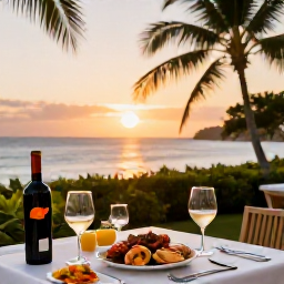 Caribbean Holidays, Caribbean Wine Tasting, A stylish Caribbean restaurant on Saint Kitts serving wine and fresh seafood at sunset, with palm trees and the sea in the background