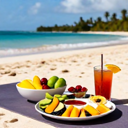 Caribbean Holidays, Caribbean Yoga Retreats, Healthy Caribbean lunch with colourful tropical fruit beside a yoga mat overlooking the sea